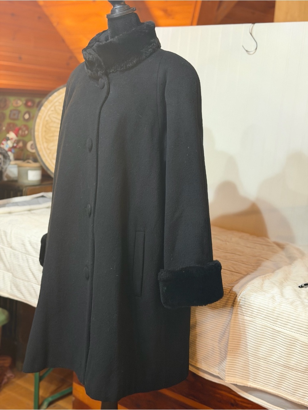 Vintage Albert  Nipon Black Swing Coat with Faux Fur Collar & Cuff